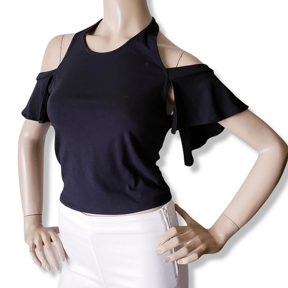 Heart & Hips Black Halter Neck Flutter Sleeve Cold Shoulder Open Back Top - Picture 1 of 8